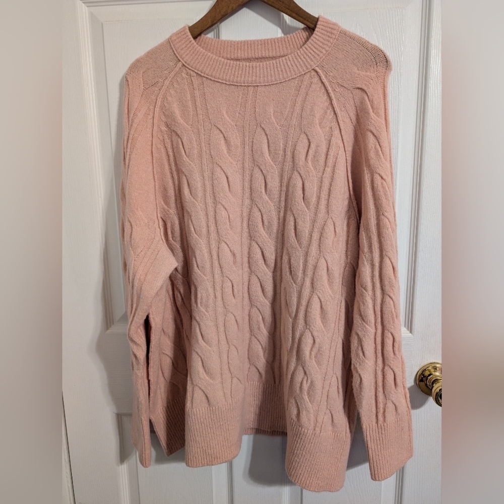 Aerie Womens Sweater Pink Cableknit Crewneck Pullover Long Sleeve Size Medium